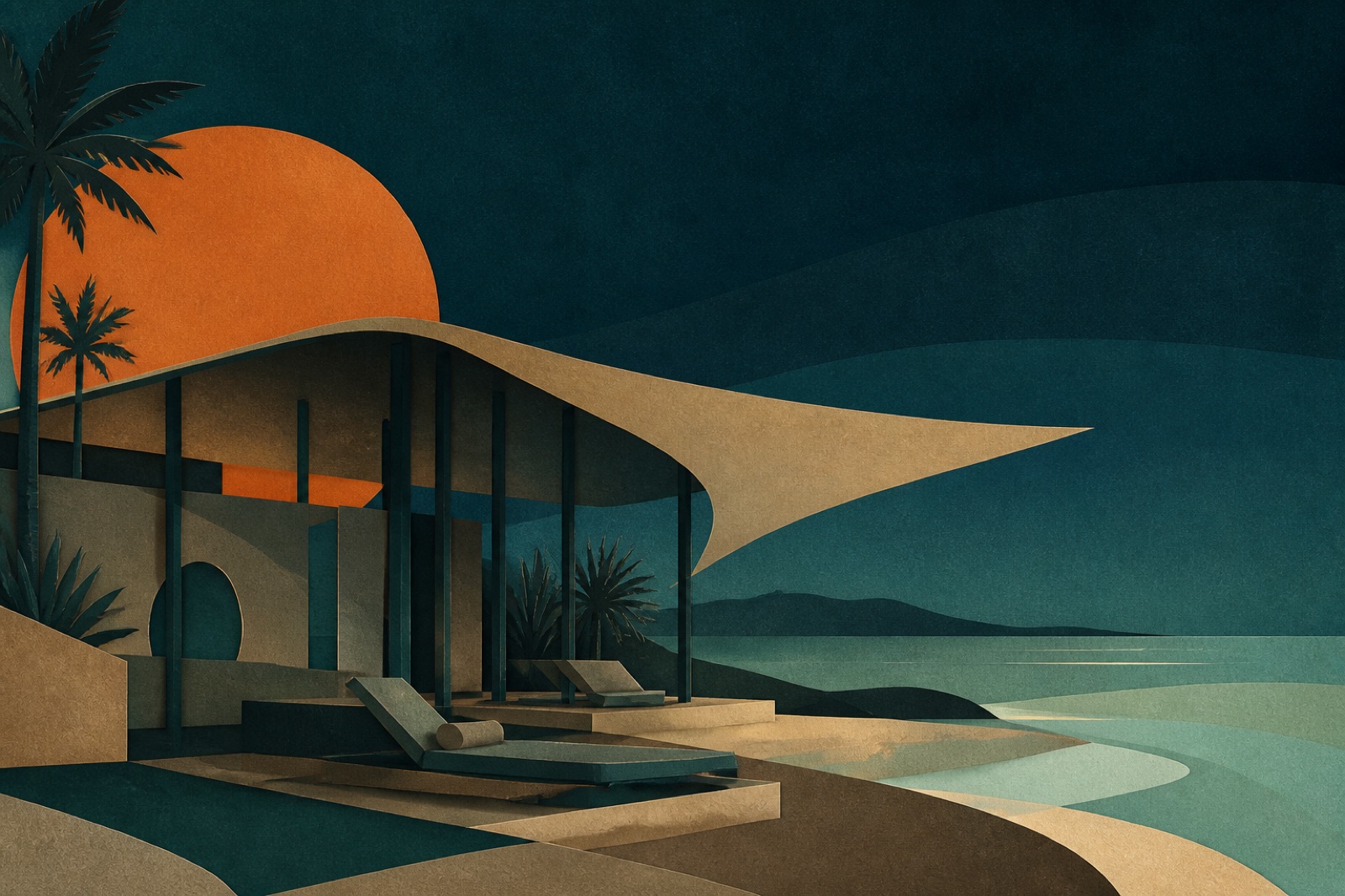 Illustrated coastal architecture under a copper sun