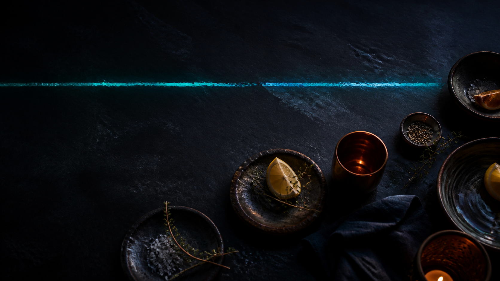 Abstract evening table with a fine aqua reflection